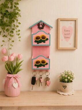 Vtg Pink Wooden Wall Mail & Key Holder Sunflower Cottage Decor 16” Organizer